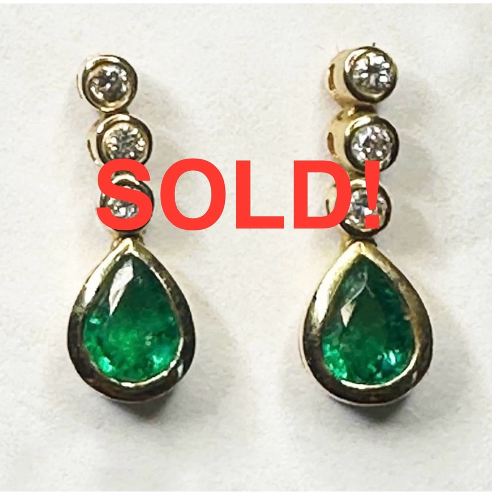 14K Emerald Diamond Studs Art Deco Halo 585